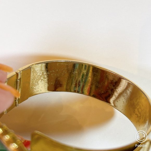 Estate Brass Cuff Hinged Bangle with Big Bold Green Goldstone — Excellent Used - Picture 10 of 13